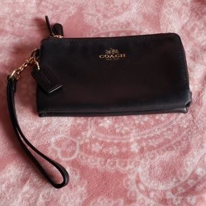 COACH black leather double zip wristlet